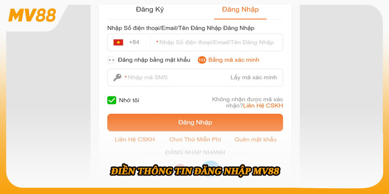 Điền thông tin đăng nhập MV88