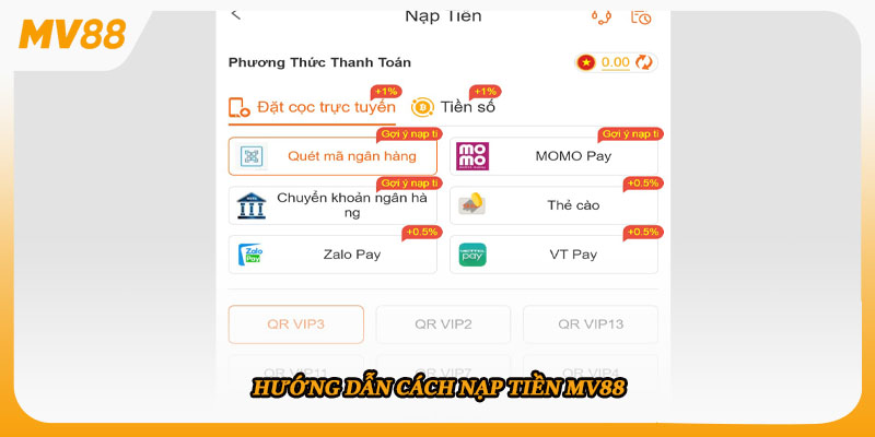 Hướng dẫn cách nạp tiền MV88